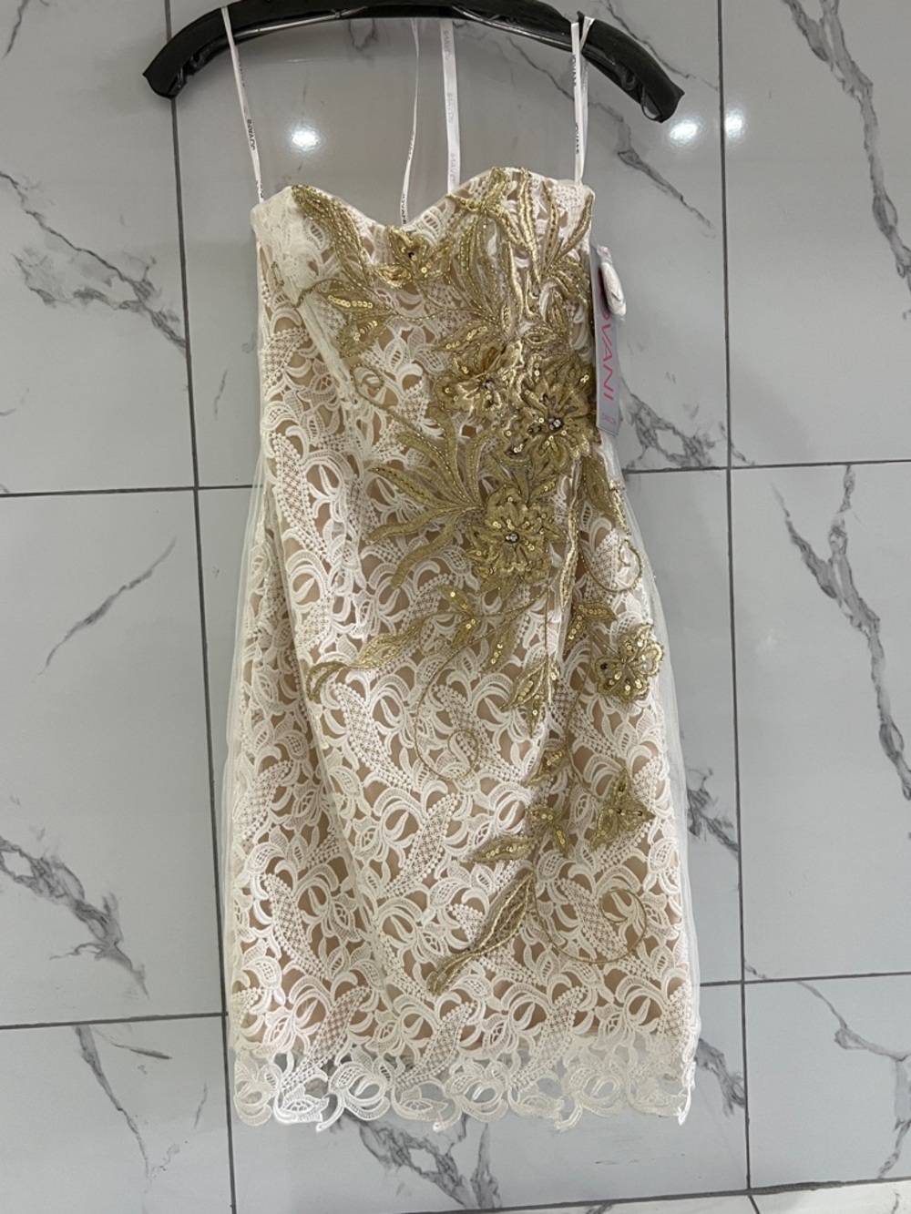 Jovani Ivory Lace Mini Dress with Gold Embroidery